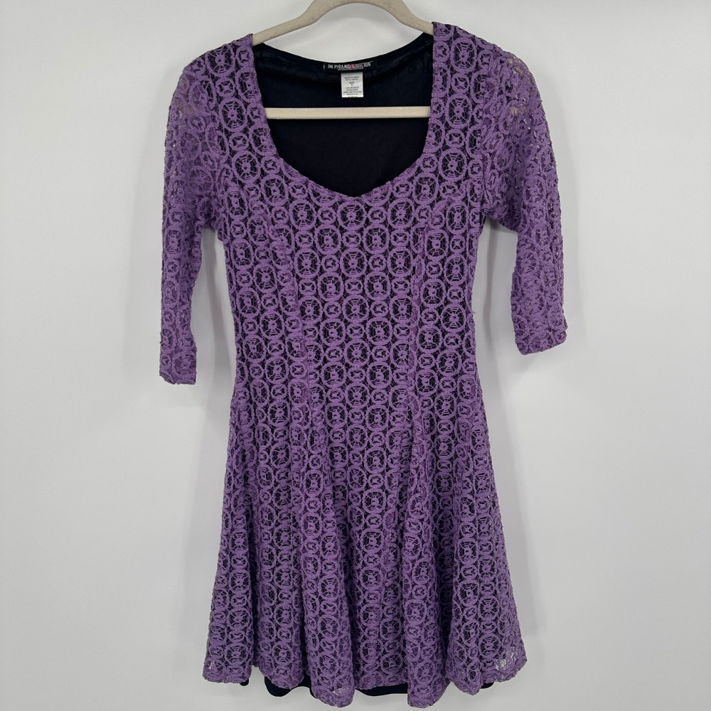 The Pyramid Collection Purple Lace 3/4 Sleeve A-Line Dress Womens XS Whimsical